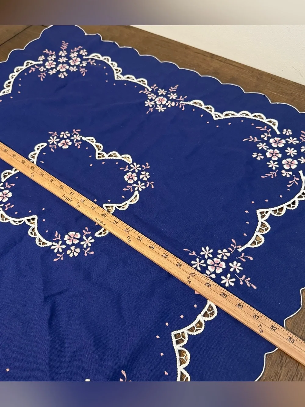 Vintage Royal Blue Tablecloth With Exquisite White Embroidery Cutwork 32.5”x32.5